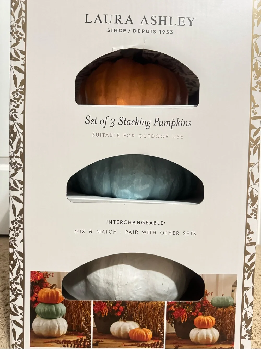 NEW 3 Pc Laura Ashley Indoor/Outdoor Stackable Pumpkin Set Fall Decor Blue White